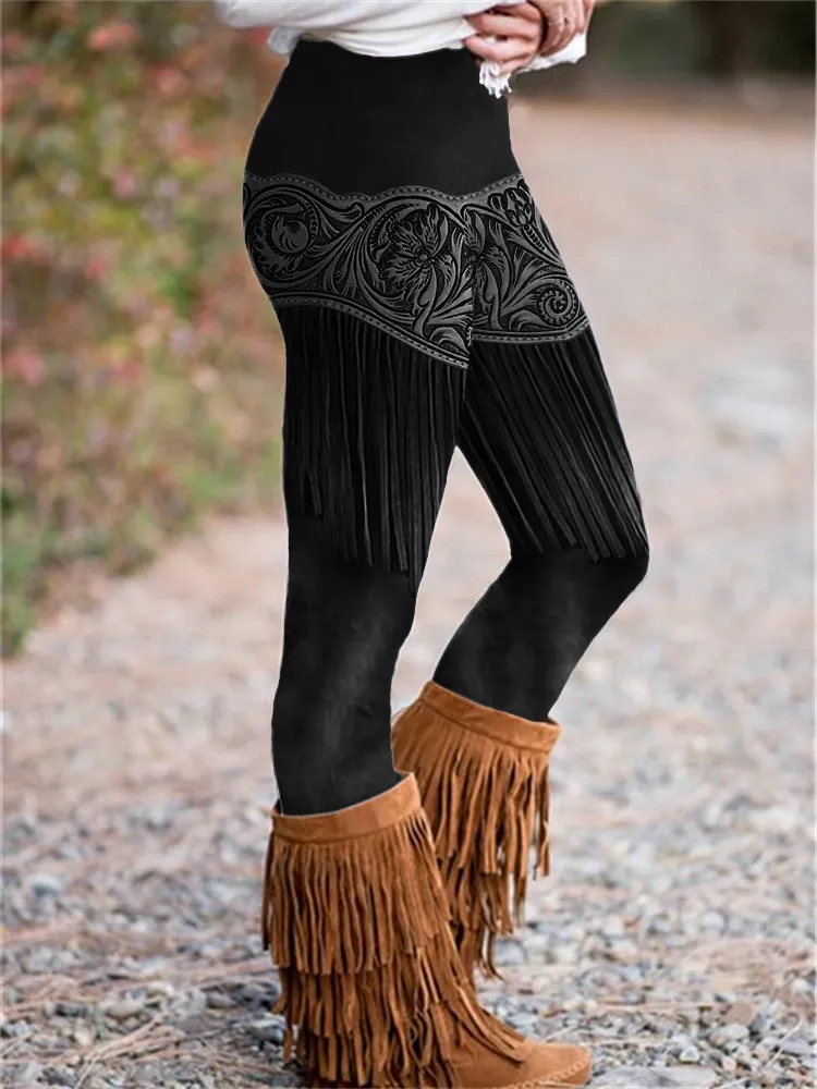 Western Floral Leather Tassels Leggings