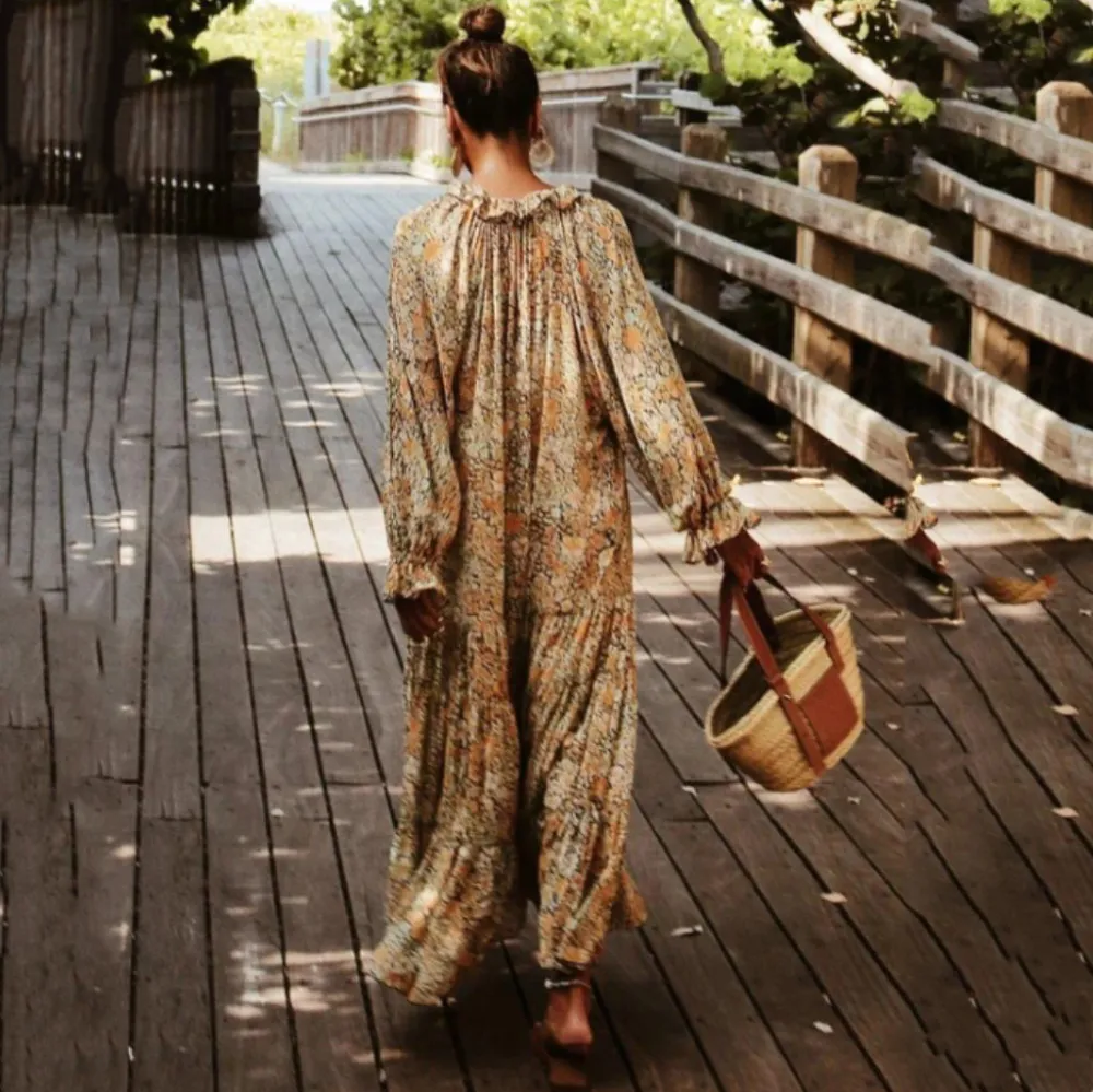 Floral Bohemian V Neck Long Sleeve Maxi Dress