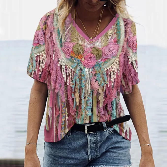 Western Tassel Print V-Neck Short Sleeved Casual T-Shirt