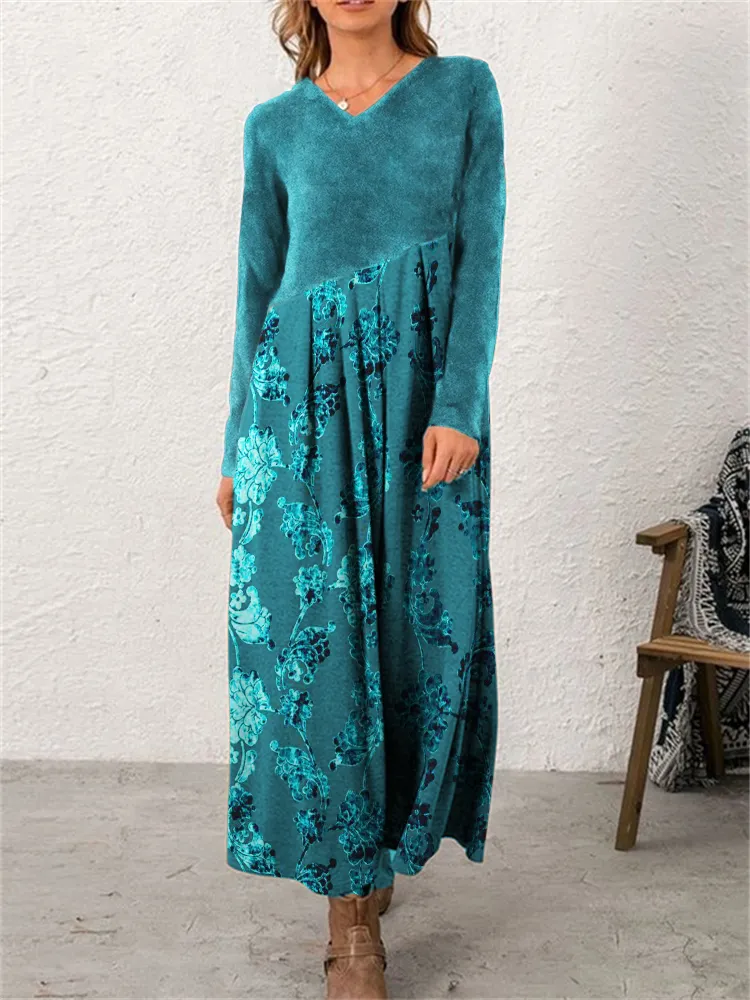 Western Floral Turquoise Velvet Art Pleated Maxi Dress