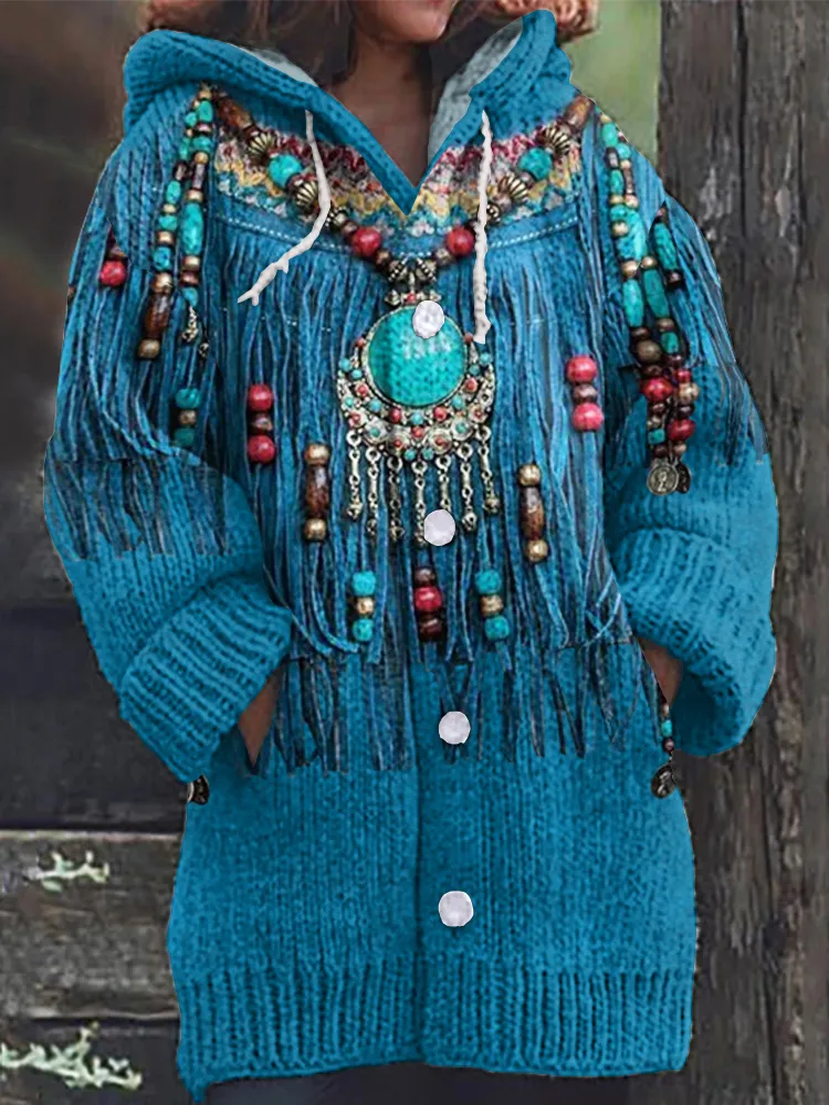 Western Tribal Tassels Printed Art Cozy Hooded Cardigan