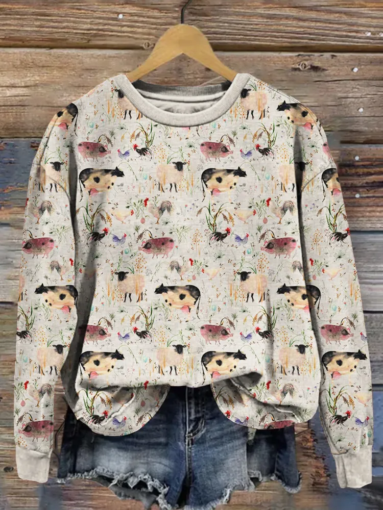 Farm Animals Graphic Vintage Crew Neck Comfy Sweatshirt