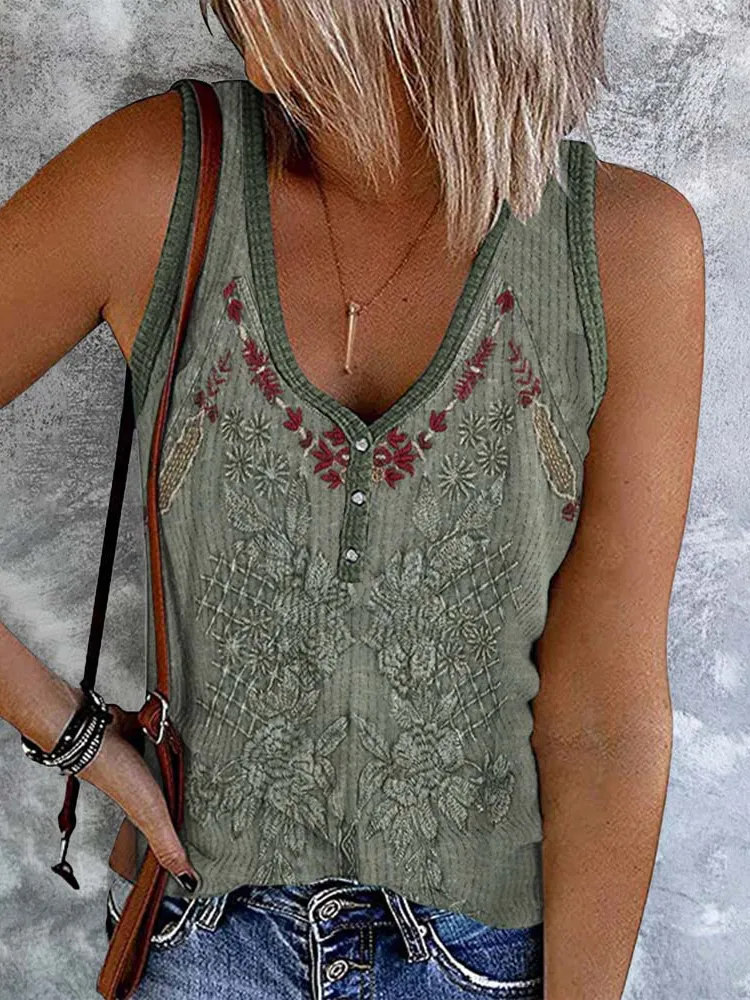 Western Tribal Pattern Print Button Casual Tank Top