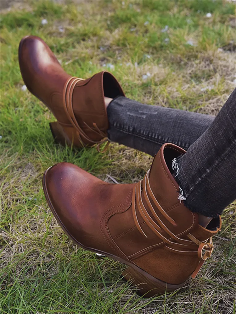 Laced Washed Leather Patchwork Ankle Boots