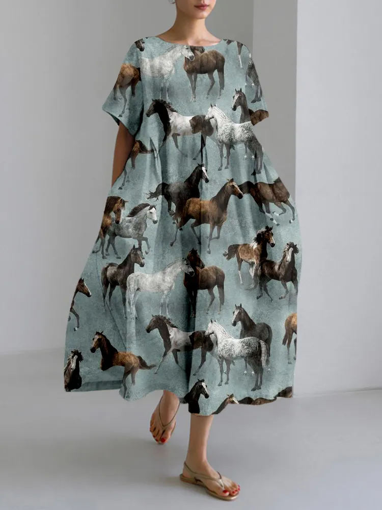 Western Wild Horses Pattern Linen Blend Maxi Dress