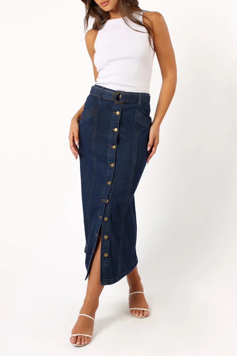 MELODY BELTED DENIM MIDI SKIRT - MID WASH