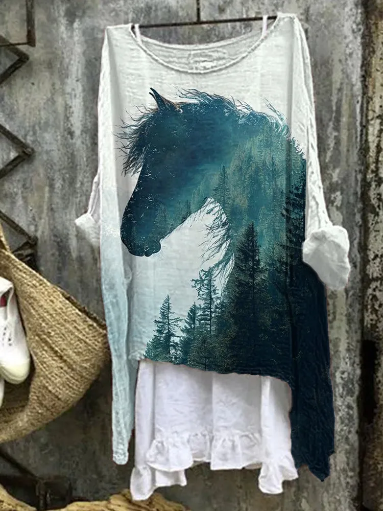 Horse Art Print Linen Blend Shirt