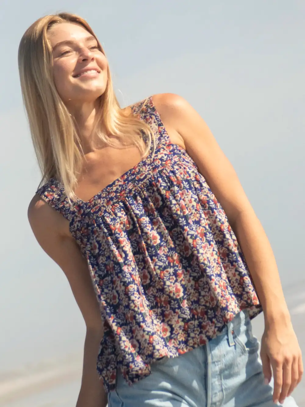 Kate Pleated Tank Top - Blue Red Floral