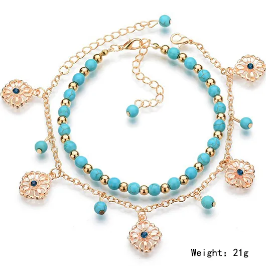 Cutout Floral Design Turquoise Alloy Anklet Set