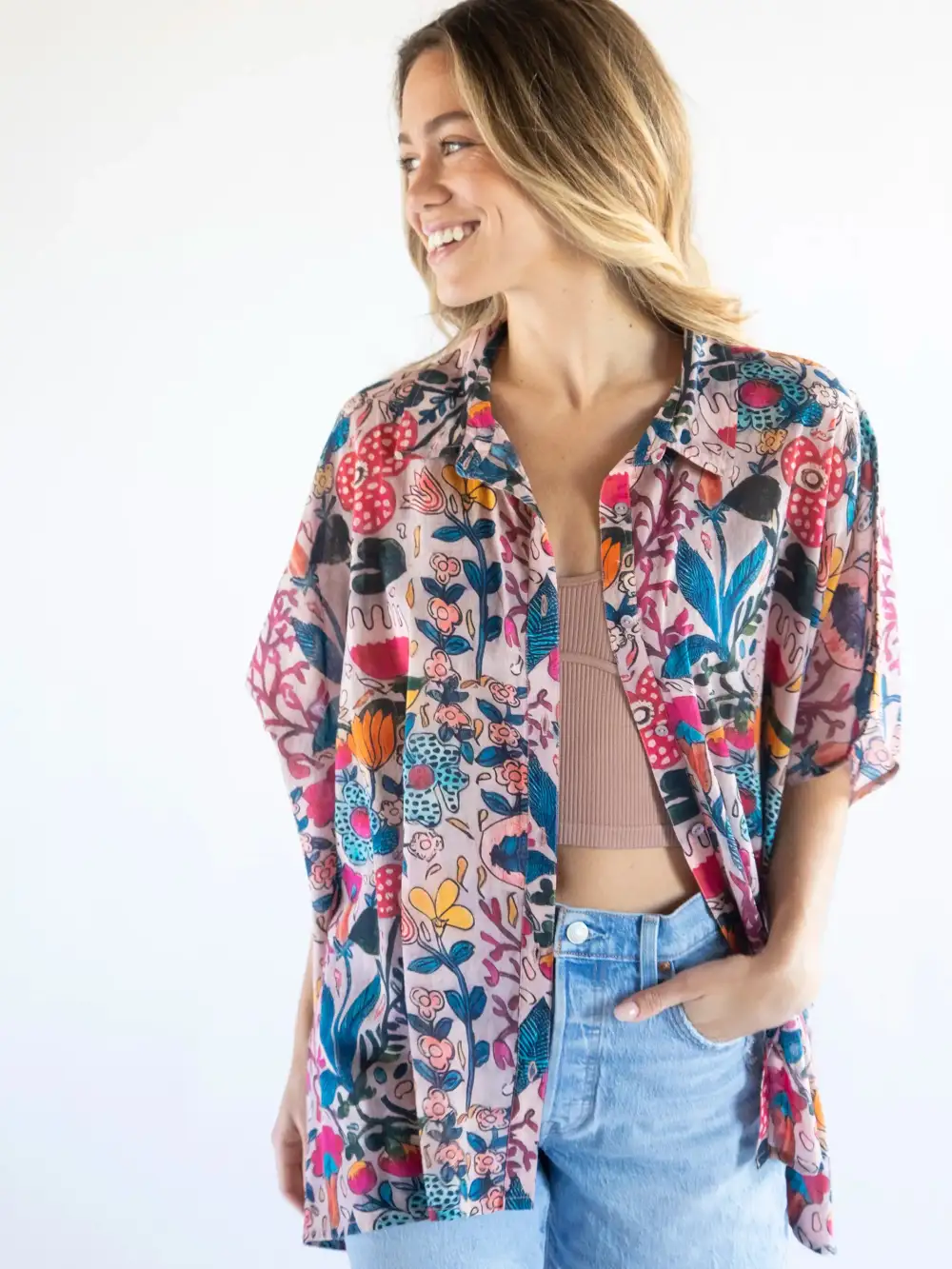 Kelly Oversized Cotton Button Down - Light Pink Multi Floral