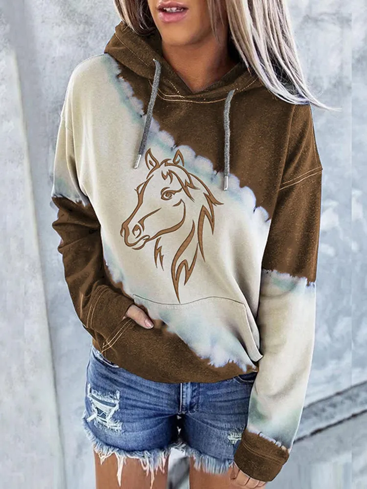 Western Horse Print Panel Casual Hoodie