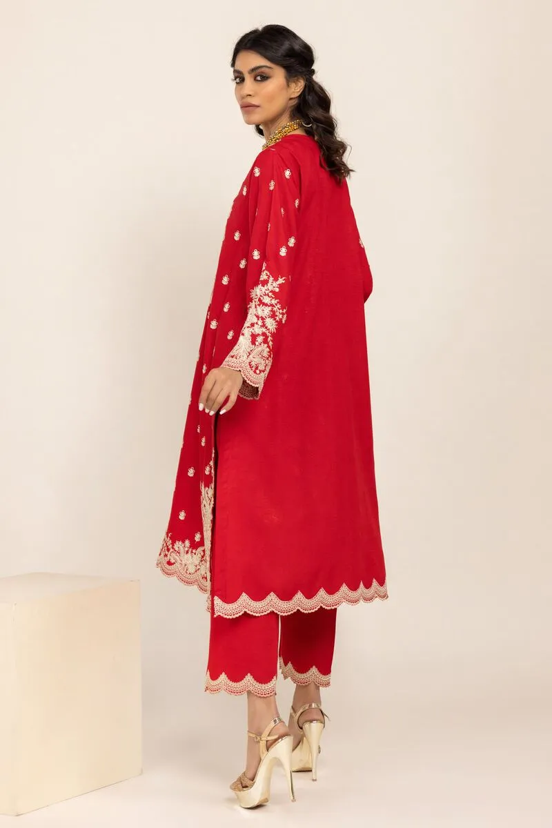 3 Piece Kurta Embroidered | Dupatta& Bottom & Tops | Color Red