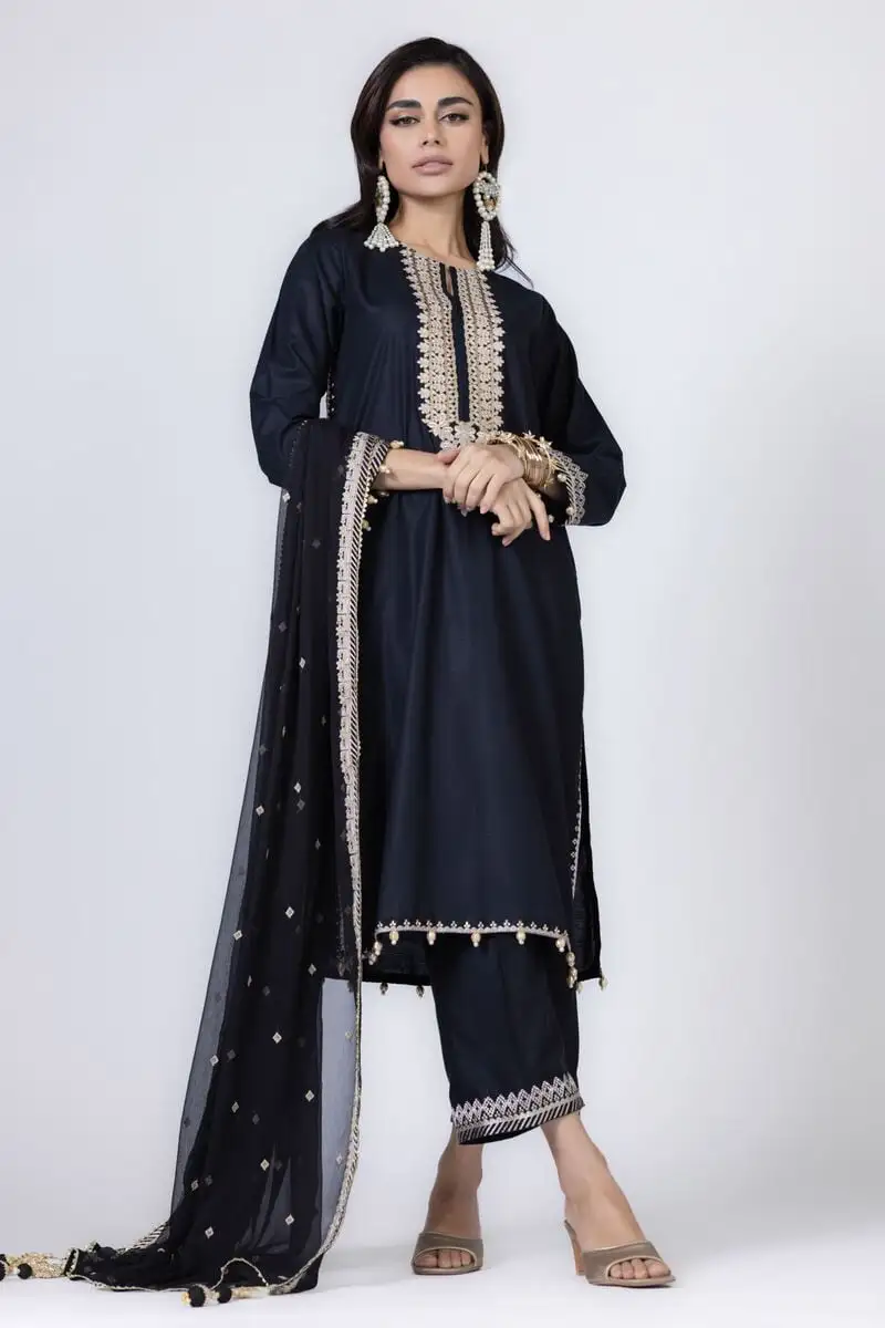 3 Piece Kurta Embroidered | Dupatta& Bottom & Tops | Color Black