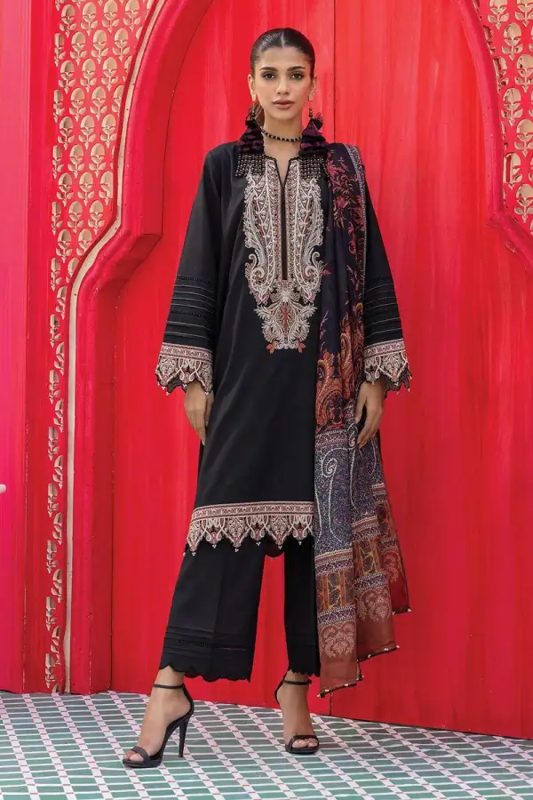 3 Piece Kurta Embroidered | Dupatta& Bottom & Tops | Color Black