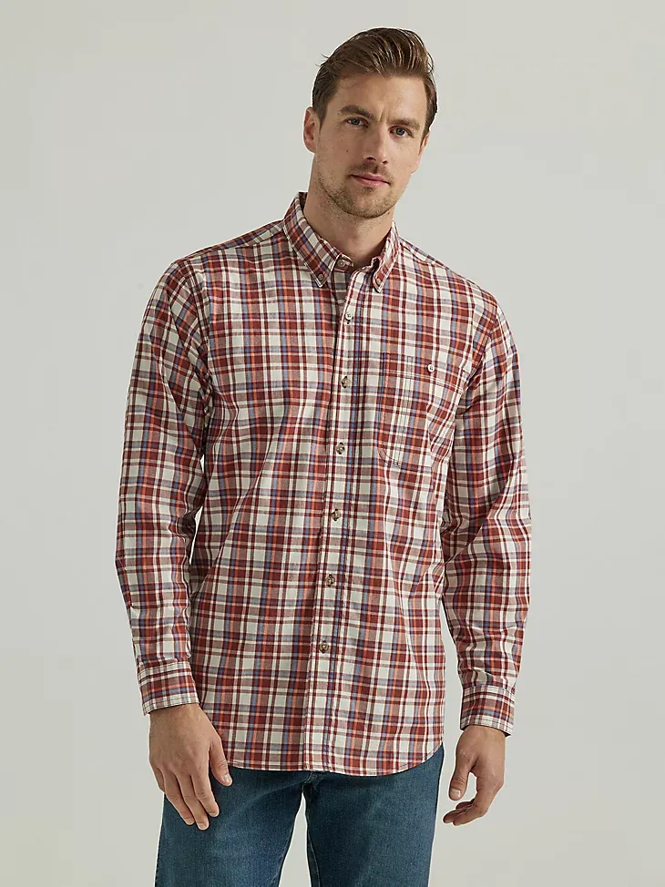 WRANGLER RUGGED WEAR® LONG SLEEVE WRINKLE RESIST PLAID BUTTON-DOWN SHIRT IN TEAL NAVY