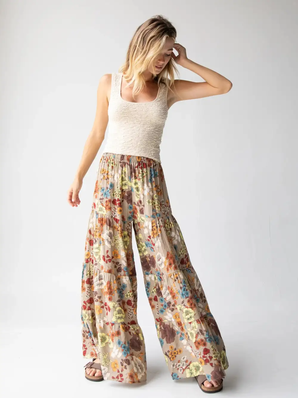 Patti Palazzo Pant - Tan Cream Floral