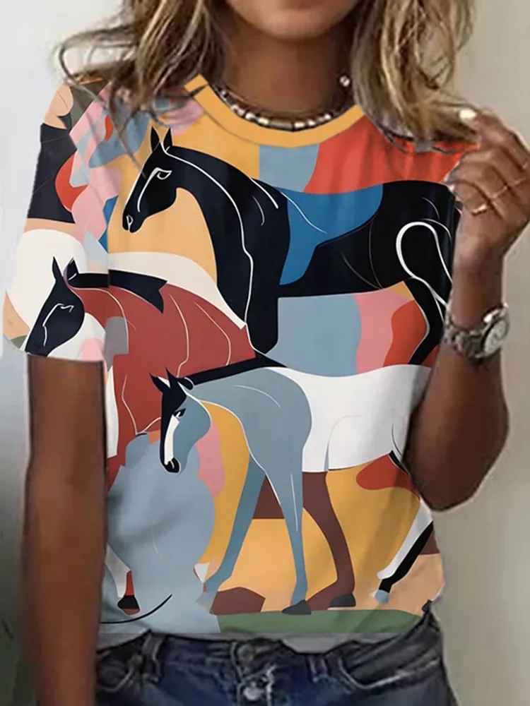 Women'S Multicolor Horse Printed Short Sleeve T-Shirt