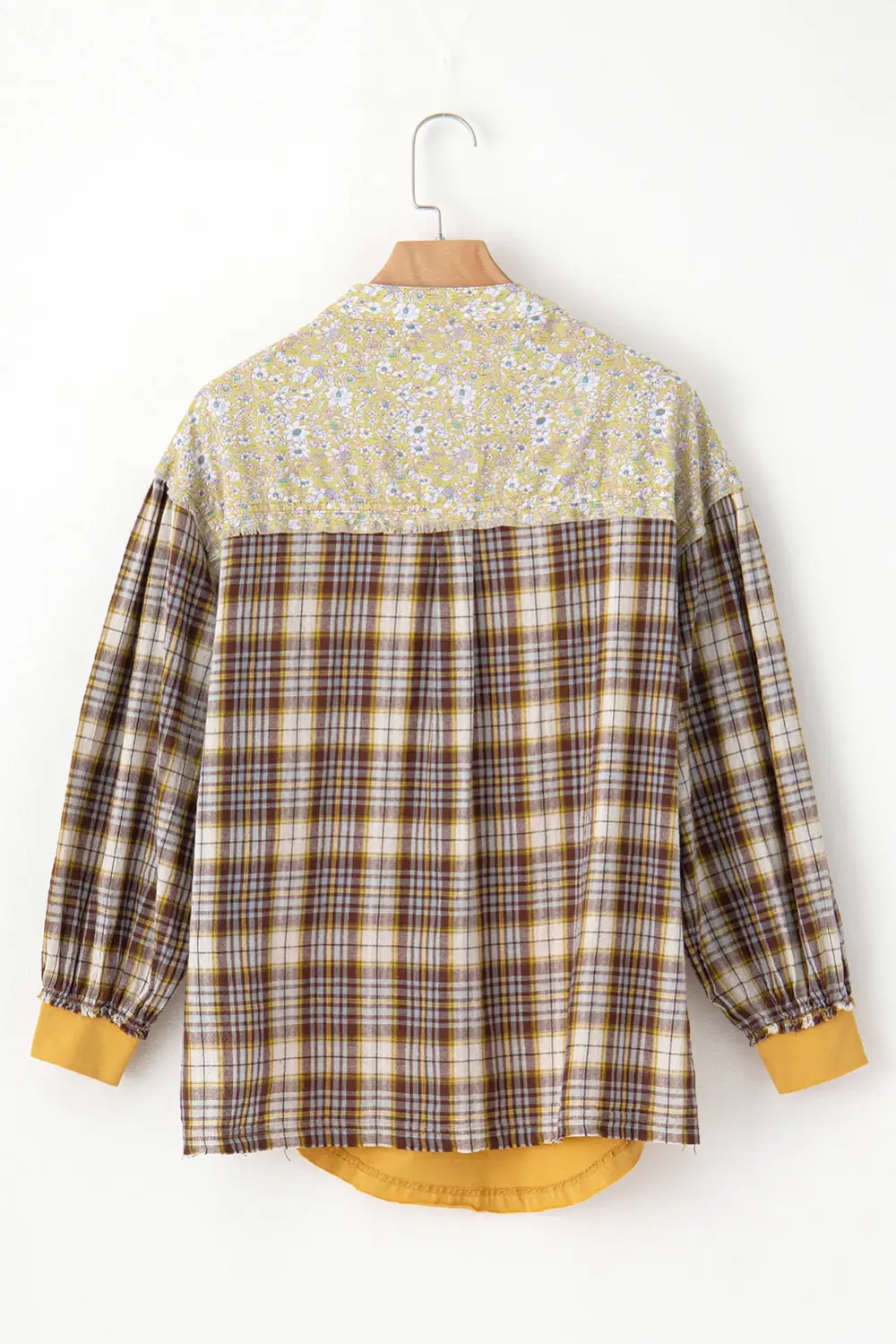 Yellow Floral Plaid Mixed Print Bishop Sleeve Patchwork Top