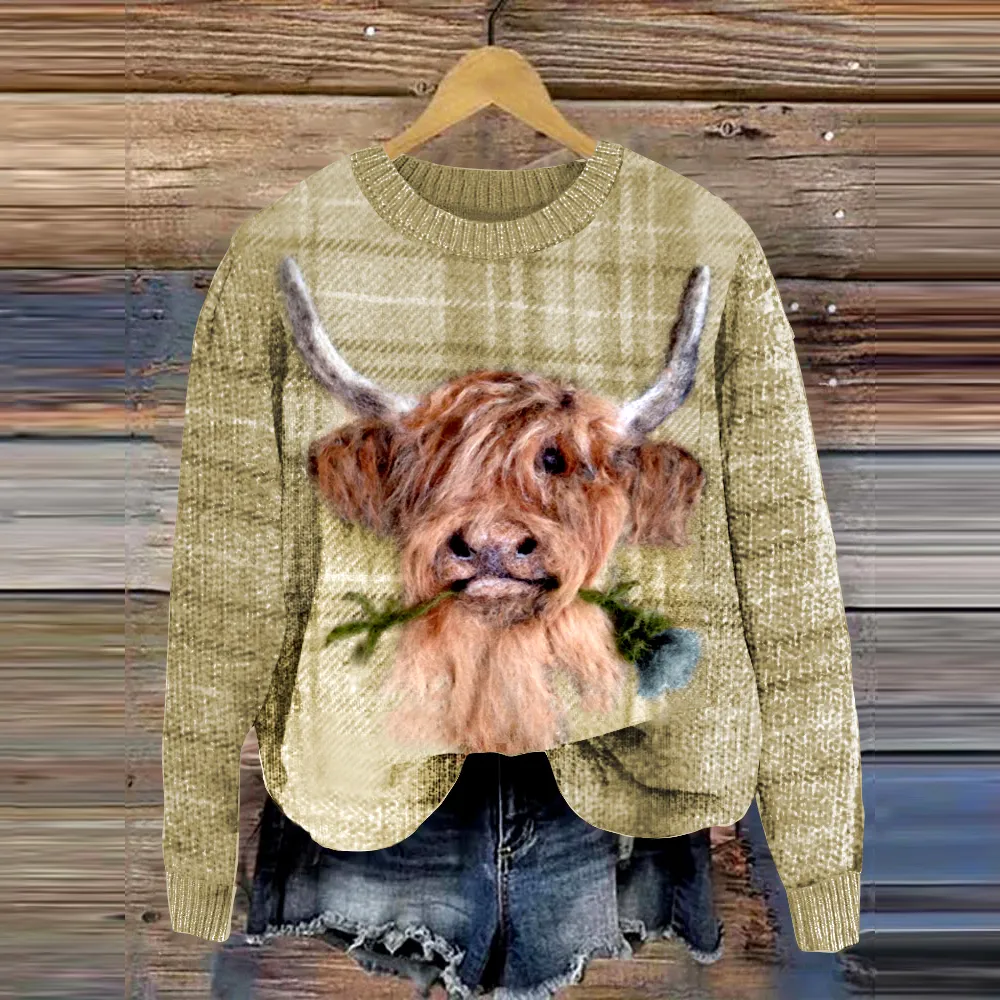 Highland Cow Greetings Wool Felt Knitted Pullover Sweater