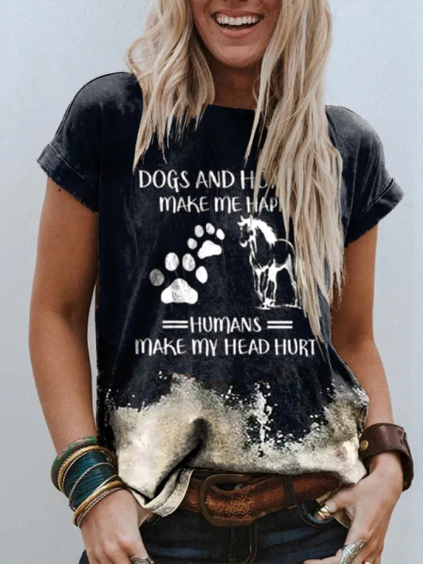 Western Dogs And Horses Make Me Happy Printed Short Sleeve T-Shirt