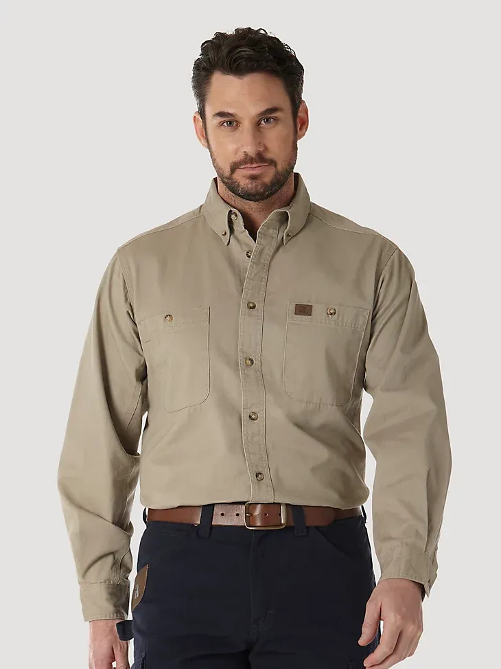 WRANGLER® RIGGS WORKWEAR® LONG SLEEVE BUTTON DOWN SOLID TWILL WORK SHIRT IN FOREST GREEN