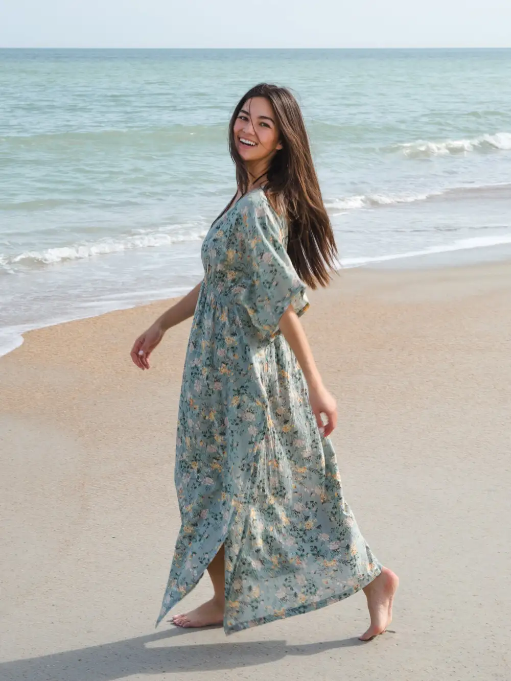 Sanibel Kaftan Maxi Dress - Light Green Floral