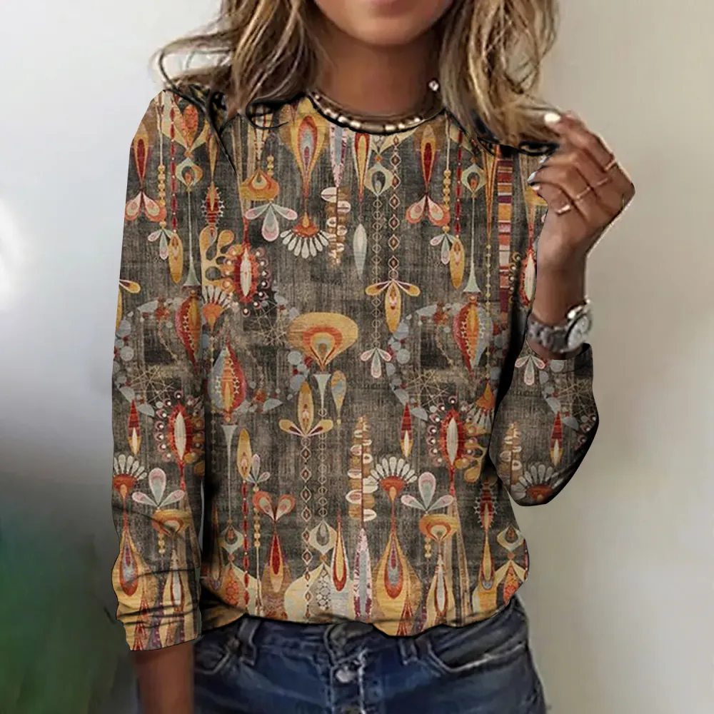 Vintage Tribal Geometric Pattern Crew Neck Women'S T-Shirt