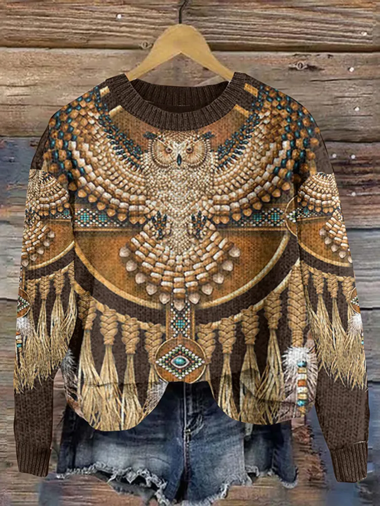 Western Print Crew Neck Knitted Sweater