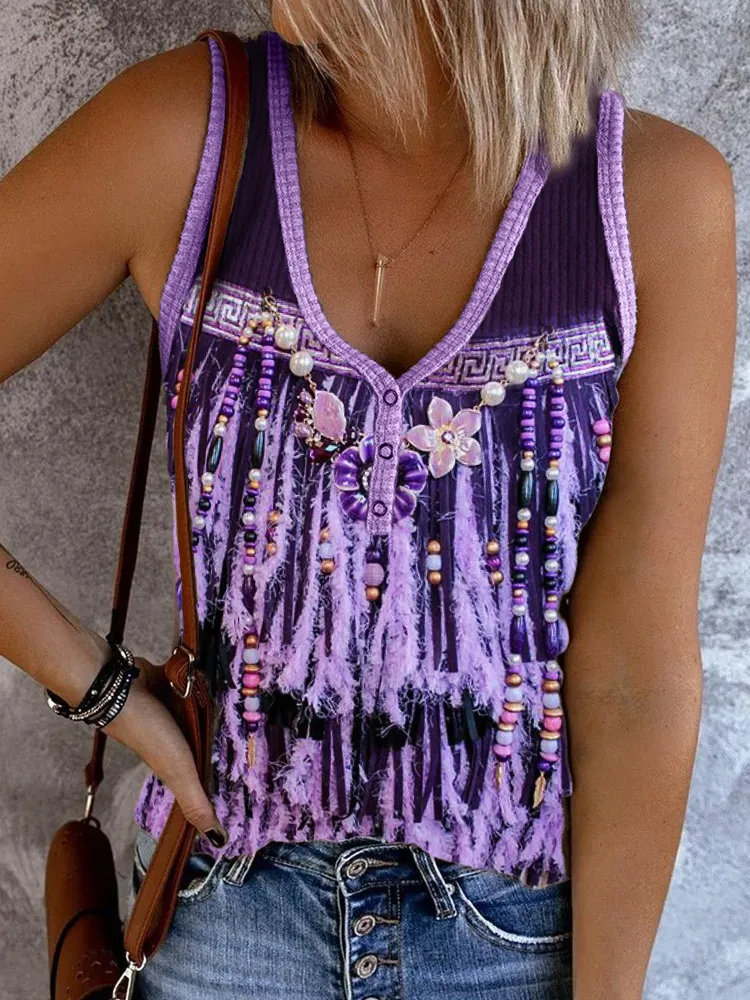 Vintage Boho Floral Beaded Fringe Tank Top