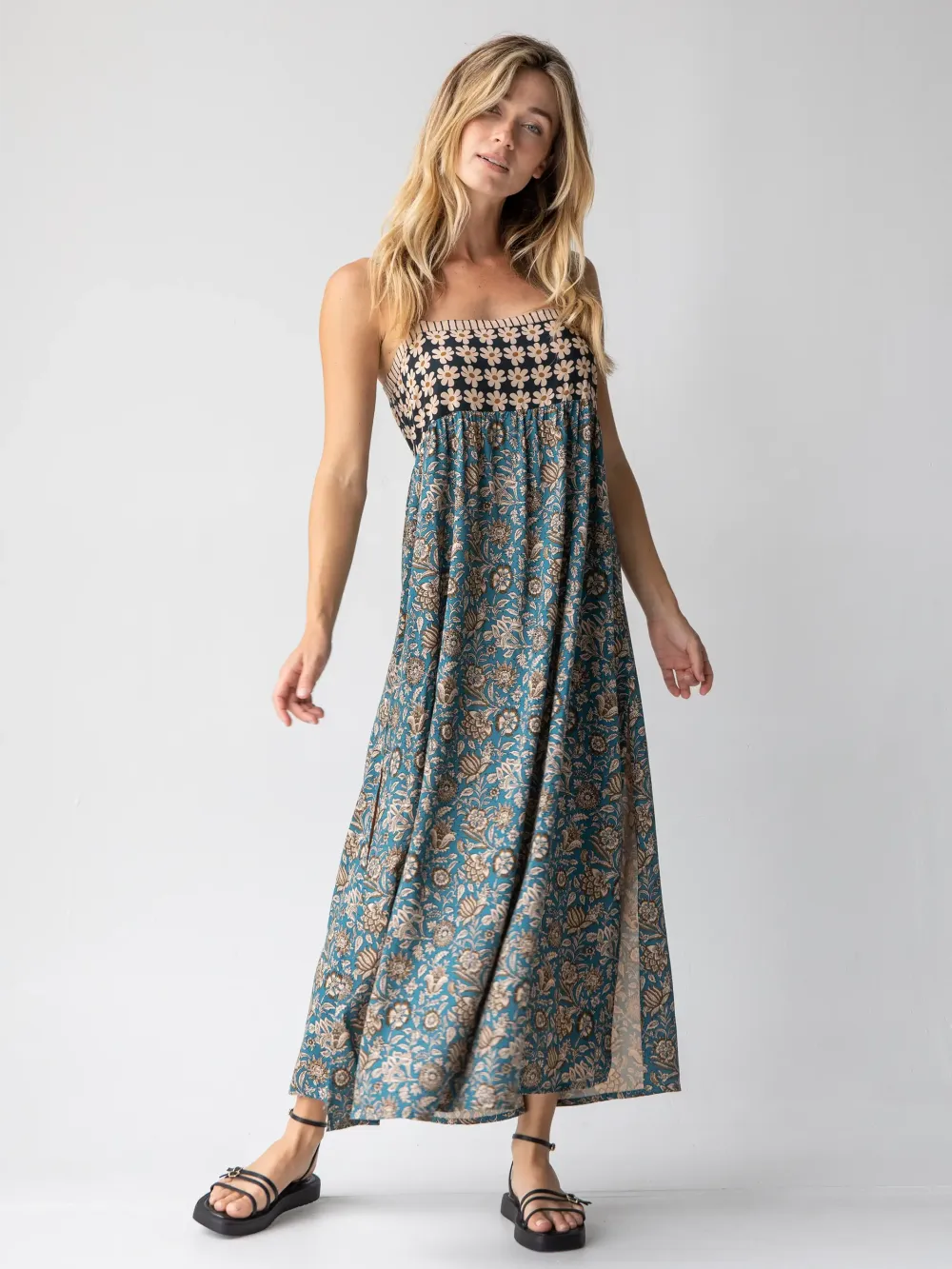 Patti Side Slit Maxi Dress - Cream Floral Mix