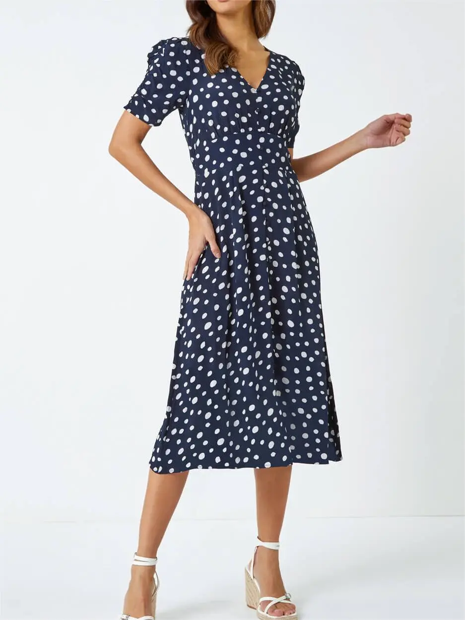 V-neck polka dot button dress