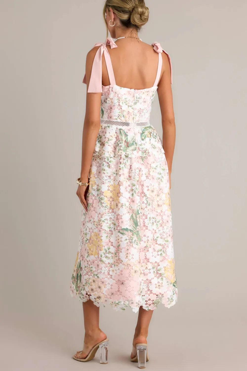 REMEMBERING SPRING PEACH LACE FLORAL MIDI DRESS