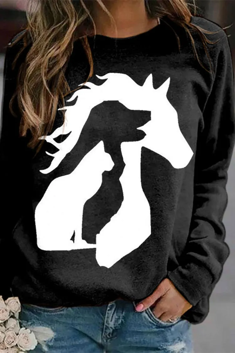 Horse Dog And Cat Silhouette Print Sweatshirt