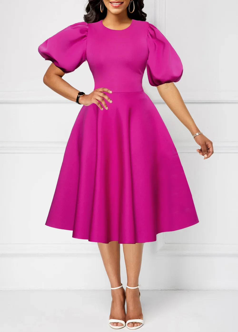 New Year Umbrella Hem Round Neck Hot Pink Dress