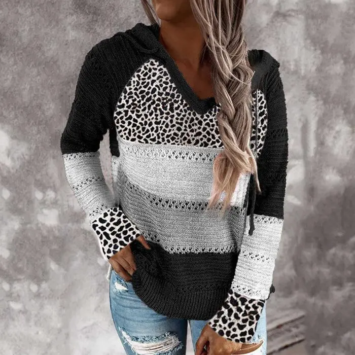 Fashion Hooded Leopard Stitched Knit Sweater