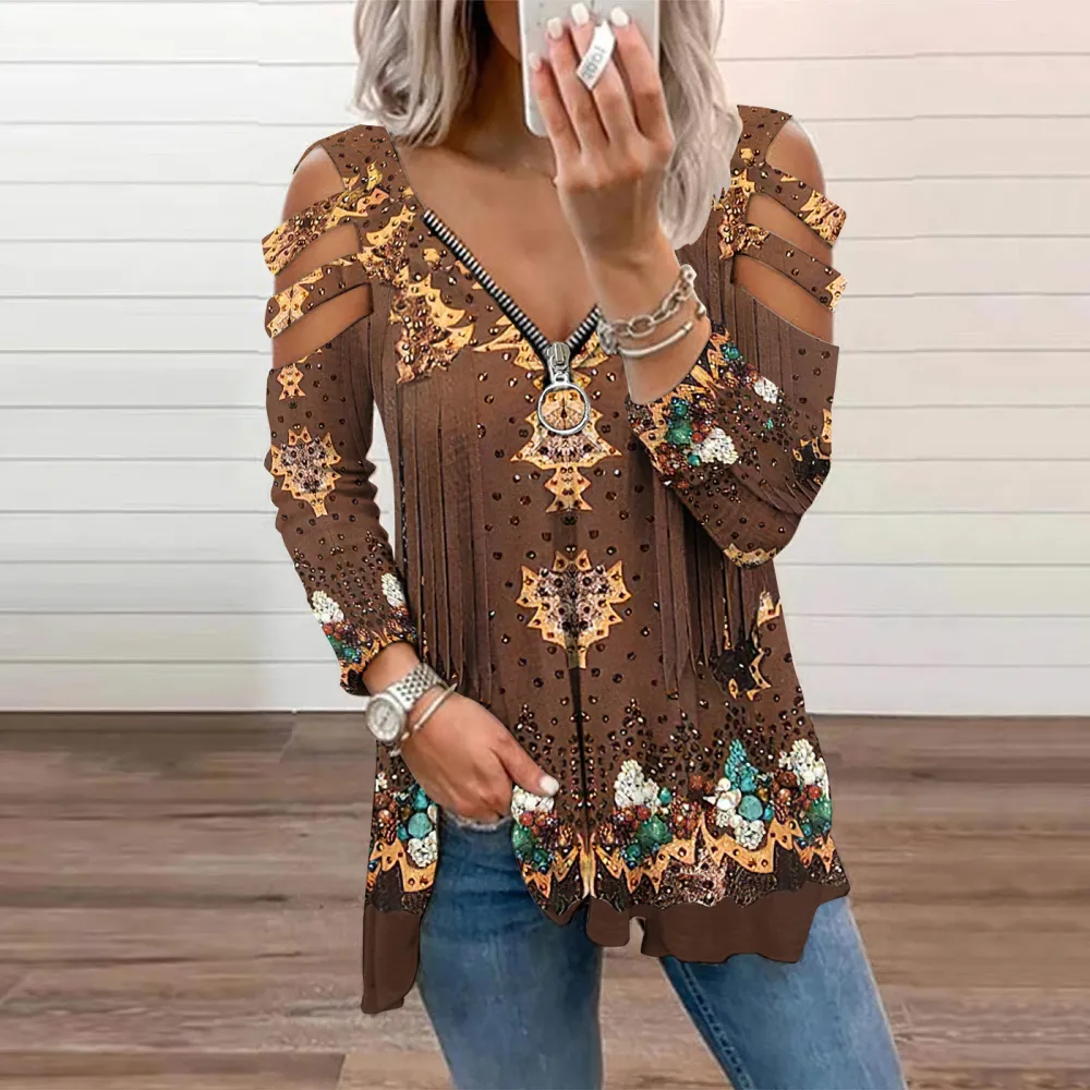 Western Tribal Tassels Geometry Printed Zip Up T Shirt