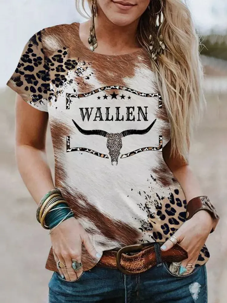 Western Print Round Neck Short Sleeve T-Shirt