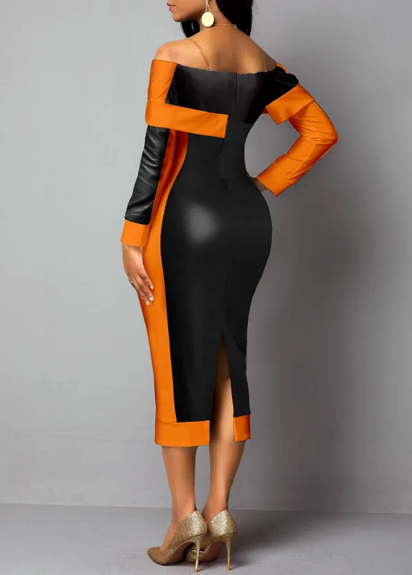 Faux Leather Orange Off Shoulder Bodycon Dress