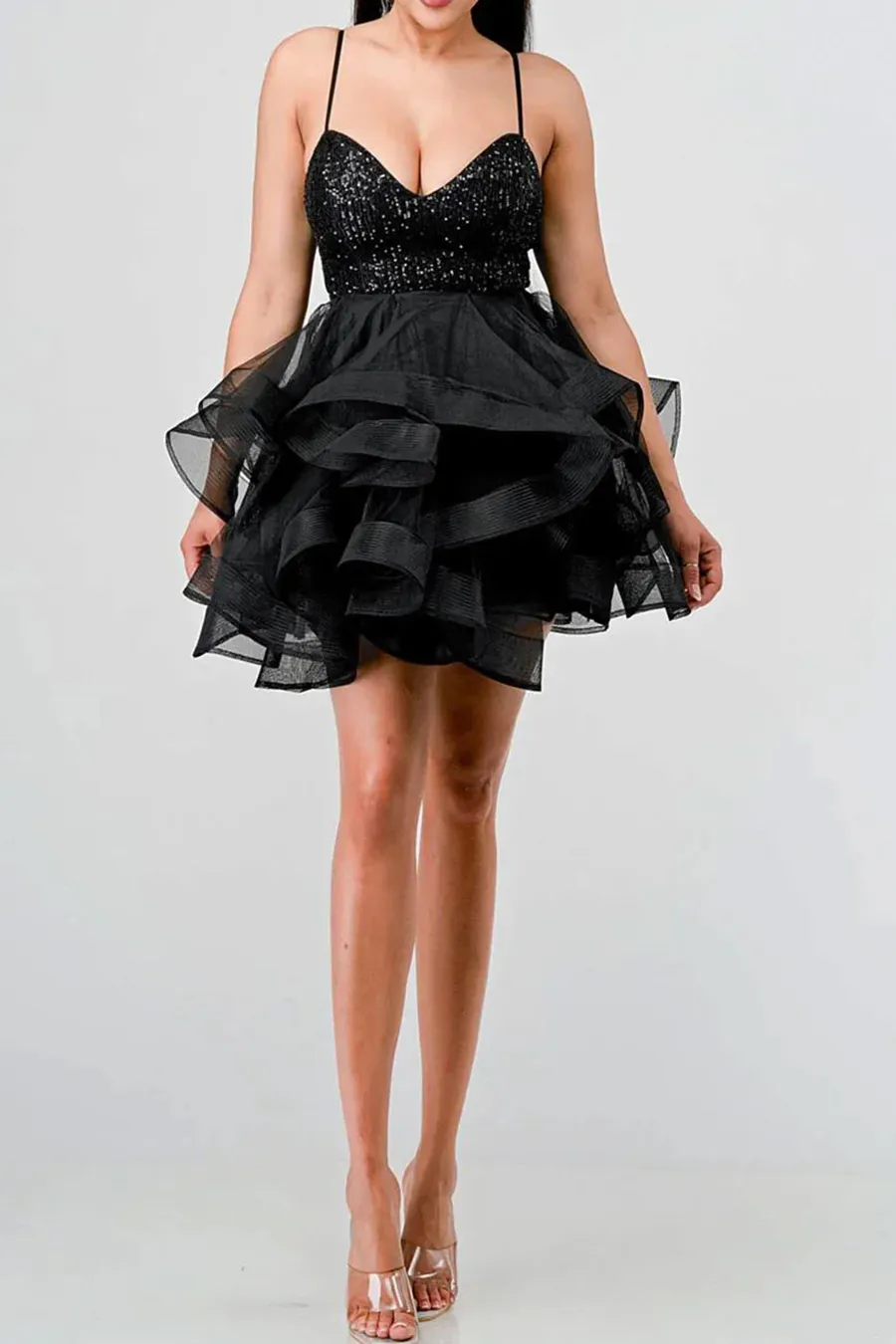 Sequins And Tulle Sweetheart Neck Ruffled Mini Dress