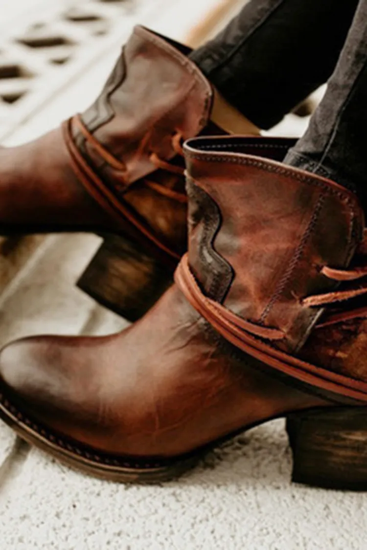 Vintage Paneled Chunky Heel Ankle Boots