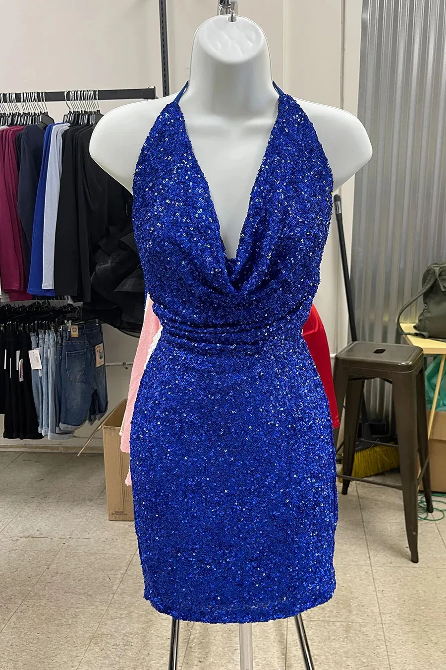 Sequin Cowl Halter Neck Bodycon Mini Dress