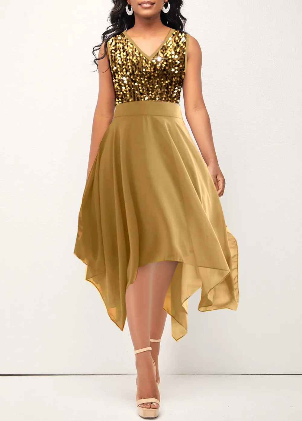 Sequin Golden Sleeveless V Neck Dress