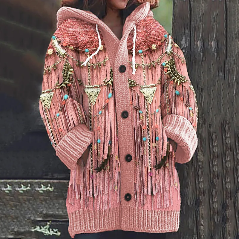 Western Fringed Print Knitted Hooded Cardigan