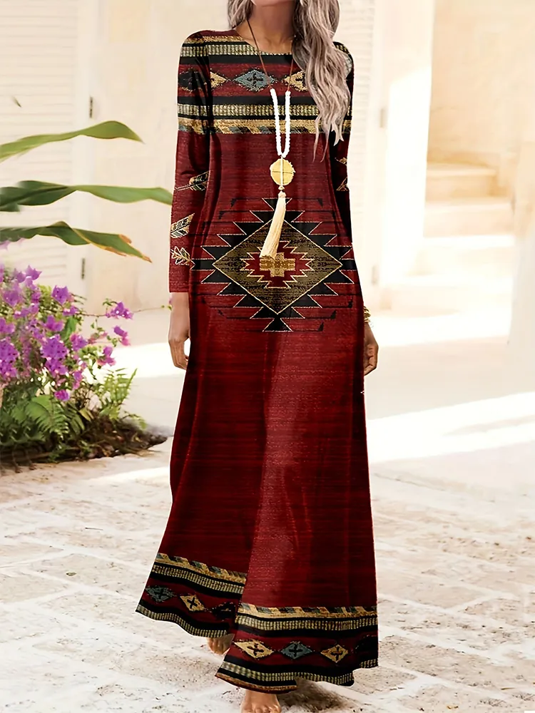 Vintage Ethnic Style Print Loose Maxi Dress