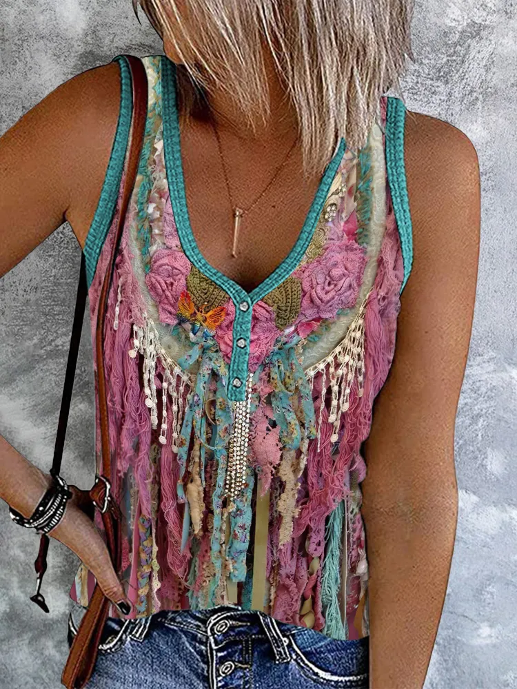 Western Fringed Print V-Neck Sleeveless Tank Top