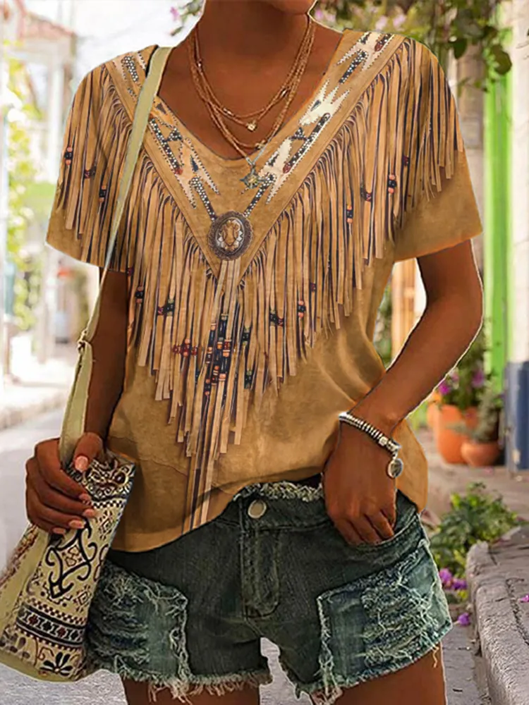 Women's Vintage Tassels Art V Neck Casual T-Shirt