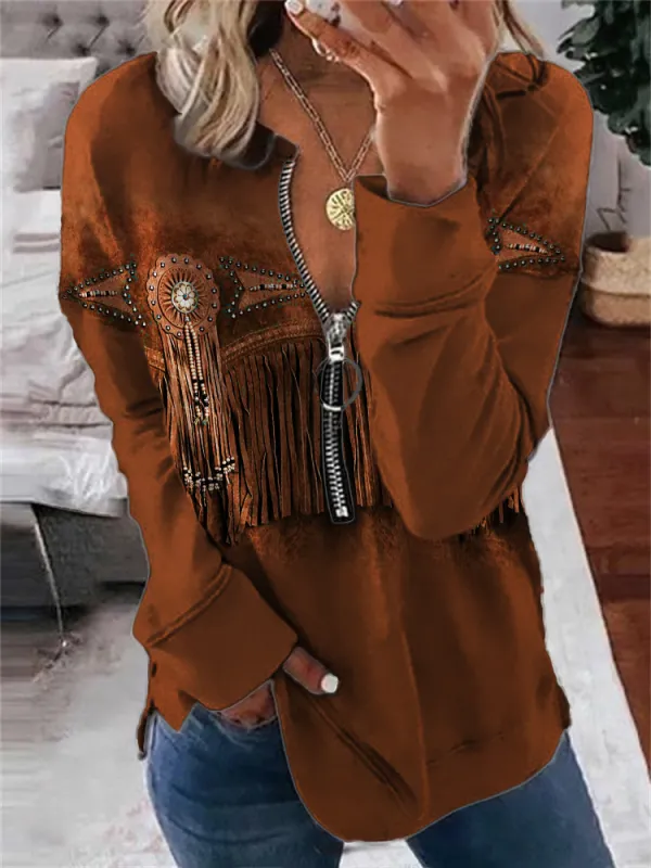 Western Turquoise Leather Art Zip Up Sweatshirt