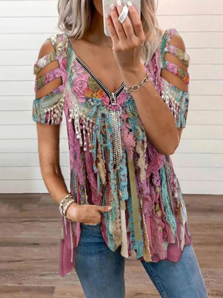 Western Tassel Print V-Neck Off-Shoulder Short Sleeved T-Shirt