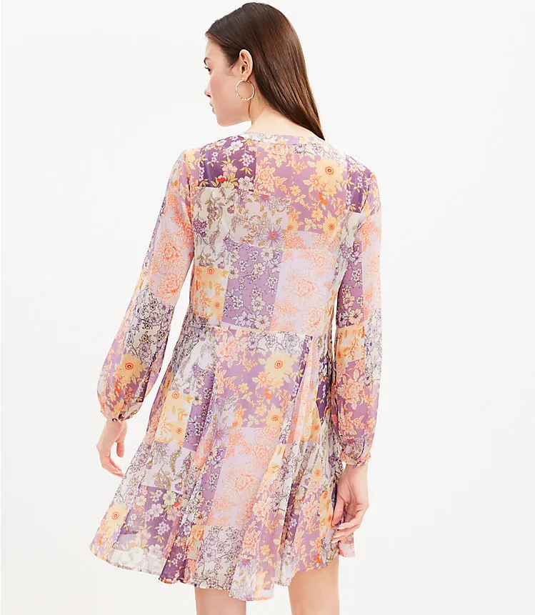 Floral Godet Split Neck Swing Dress