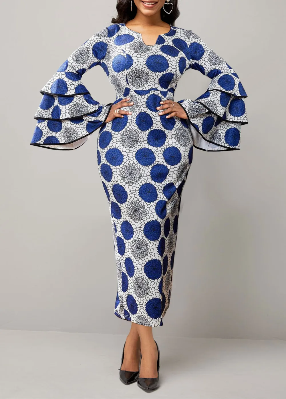 Tribal Print Blue Long Sleeve Bodycon Dress